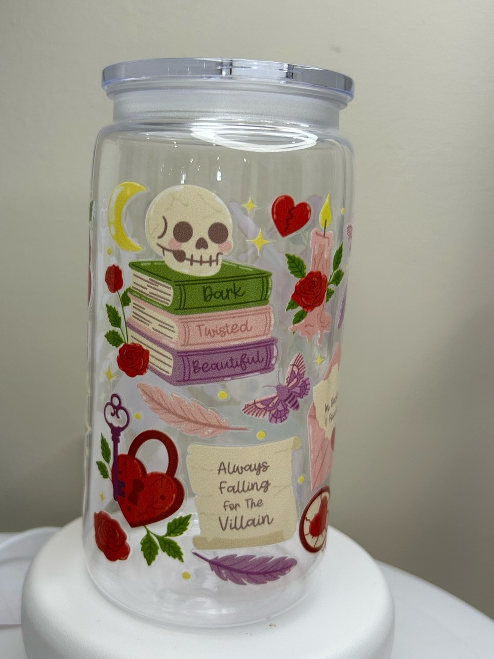 Clear Decorative 16oz Tumbler with Skulls & Books